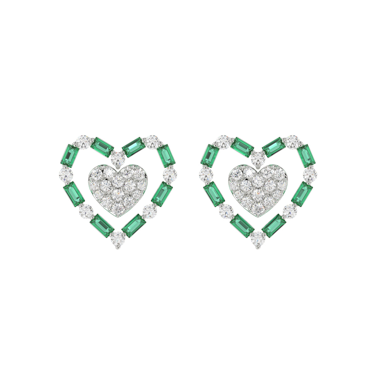 LADIES EARRING 0.50CT ROUND/GREEN EMERALD BAGUETTE DIAMOND 14K YELLOW GOLD (GREEN EMERALD BAGUETTE 0.32CT)