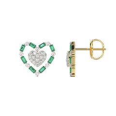 LADIES EARRING 0.50CT ROUND/GREEN EMERALD BAGUETTE DIAMOND 14K YELLOW GOLD (GREEN EMERALD BAGUETTE 0.32CT)