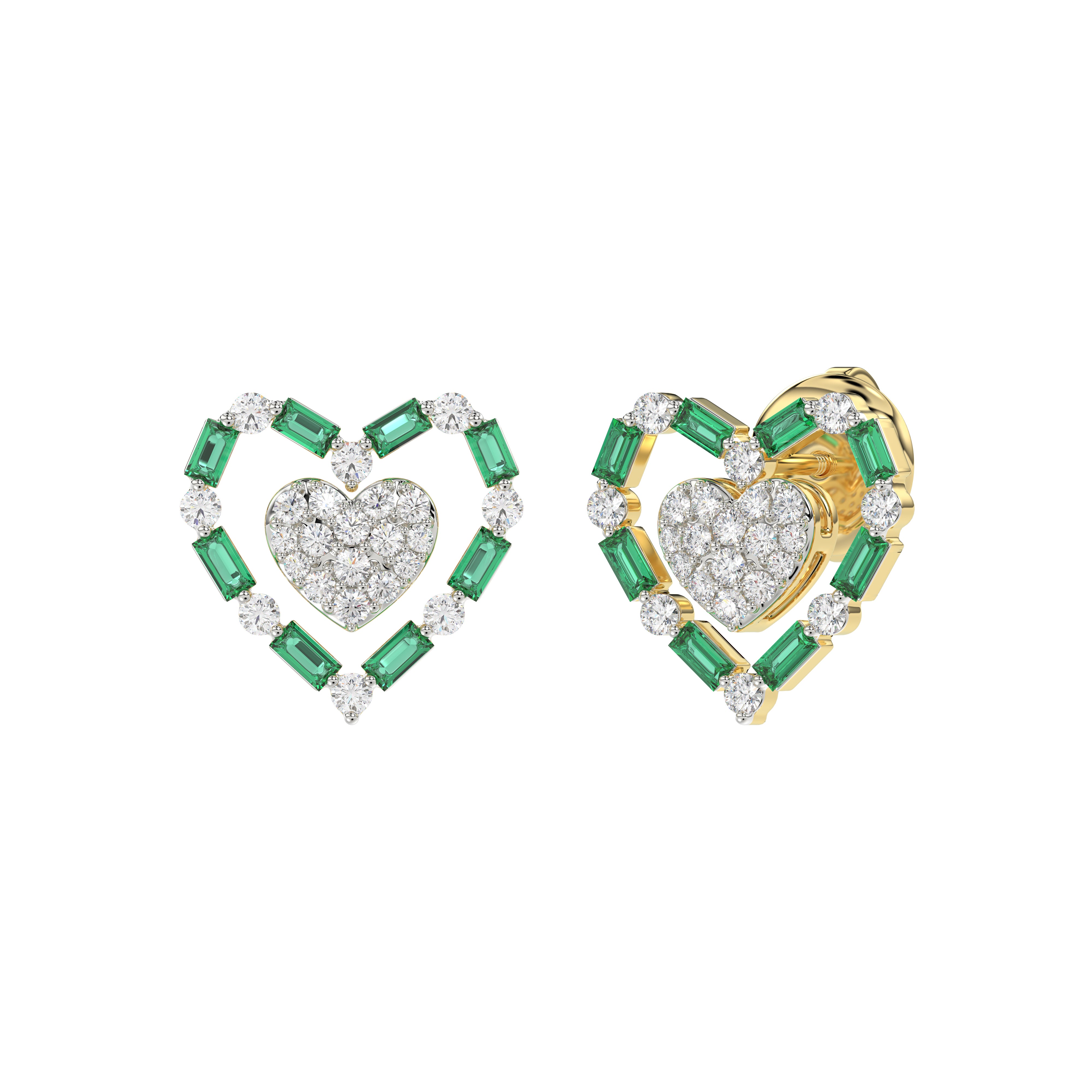 LADIES EARRING 0.50CT ROUND/GREEN EMERALD BAGUETTE DIAMOND 14K YELLOW GOLD (GREEN EMERALD BAGUETTE 0.32CT)