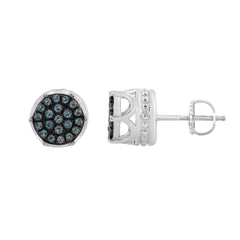 Elegant 0.16Ct Round & Blue Diamond Men’S Earring In Sterling Silver Cluster Design Statement Stud