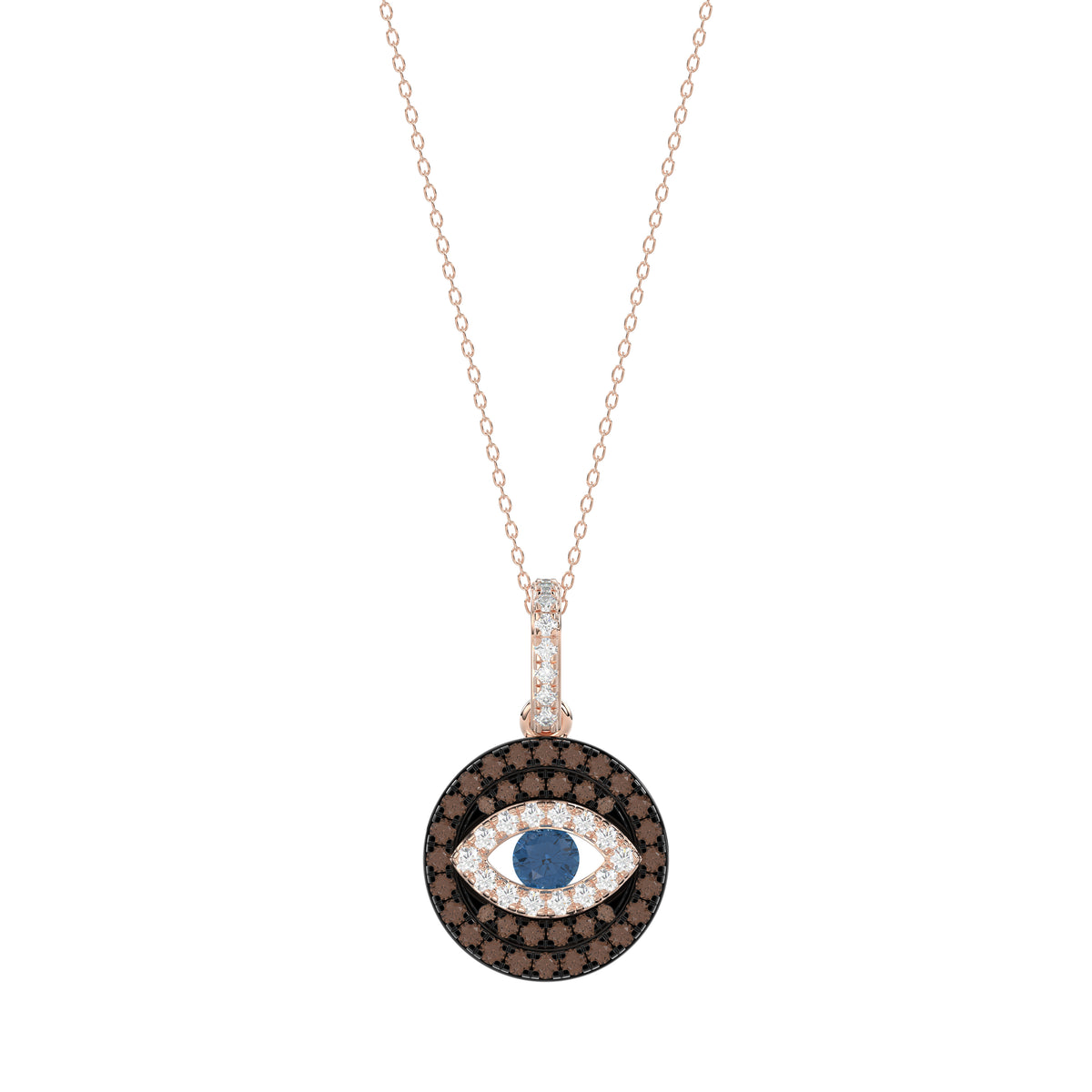 Elegant 14K Rose Gold Evil Eye Pendant For Women Featuring 0.50 Ct Round, Dark Brown, And Blue Diamonds. Includes Chain For A Complete Look.