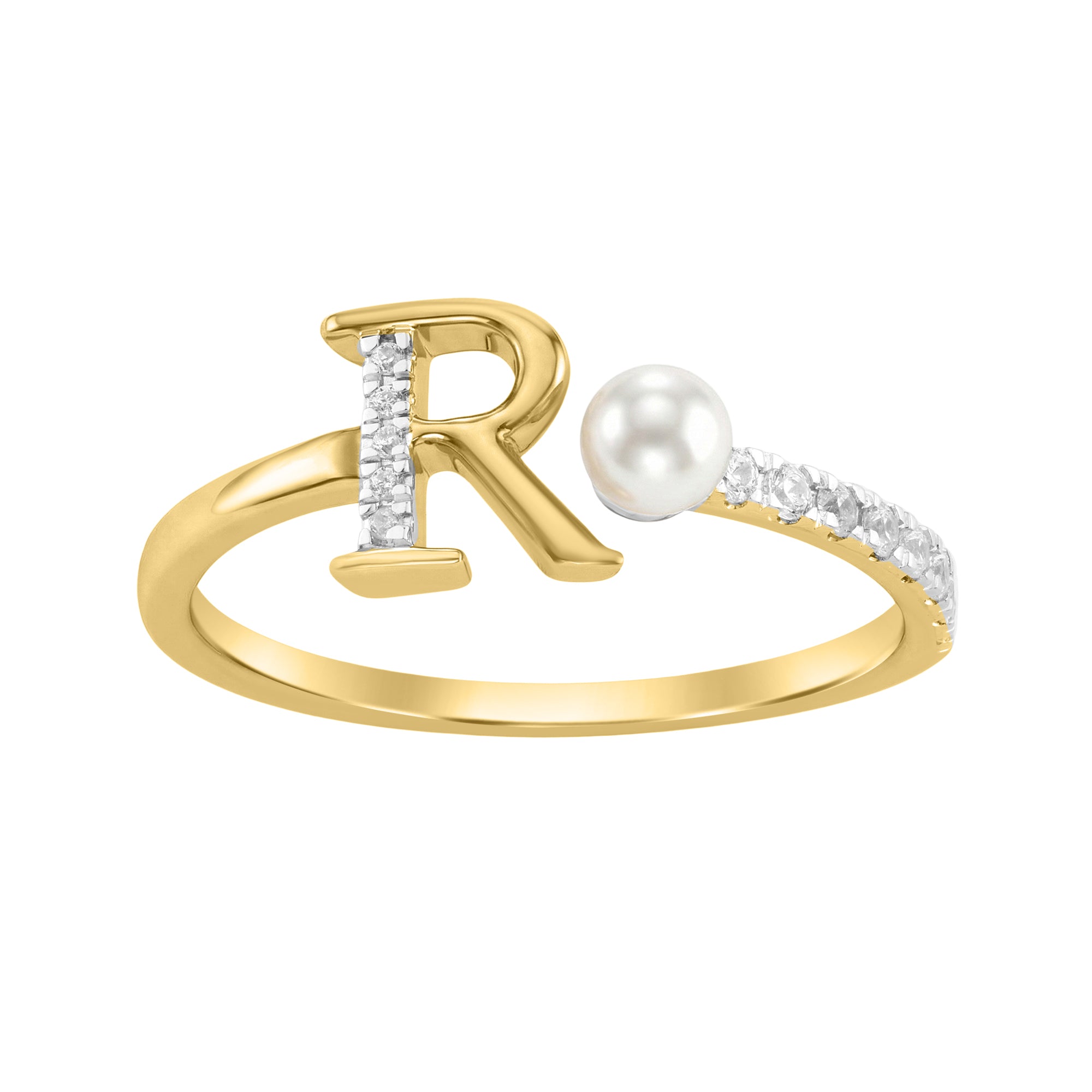 Stylish 10K Yellow Gold Ladies Ring Featuring Letter “R”, Luminous Pearl, And Round Diamond Accents. A Delicate 0.10Ct Fine Jewelry Piece.