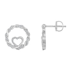 LADIES 10K WHITE GOLD 0.15CT TWISTED CIRCLE ROUND DIAMOND HEART EARRINGS
