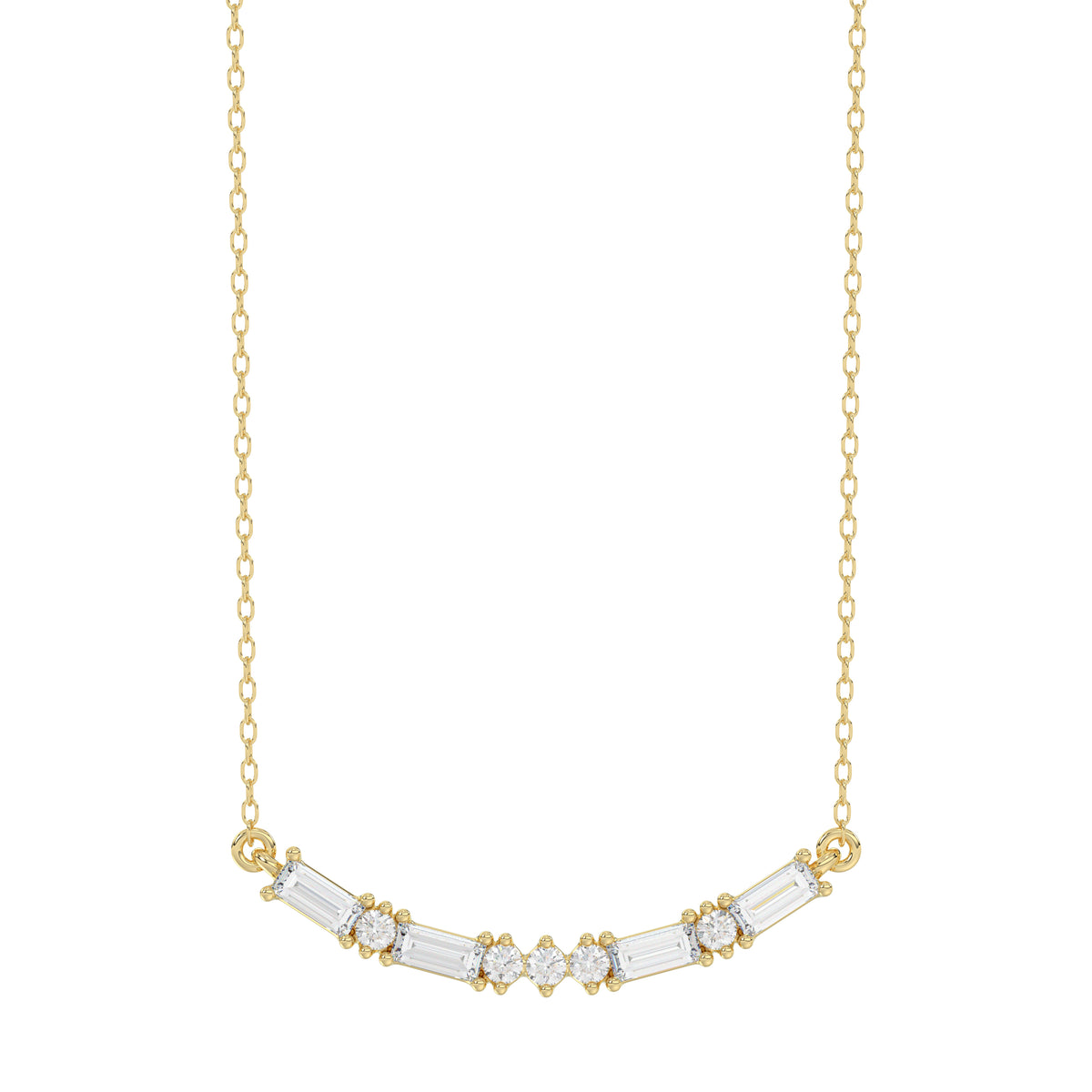 Luxury 10K Yellow Gold Ladies Necklace With Sparkling Round And Baguette Diamonds. A Refined 0.15 Ct Jewelry Design For Her.