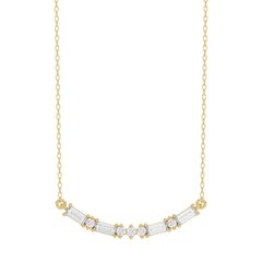 Luxury 10K Yellow Gold Ladies Necklace With Sparkling Round And Baguette Diamonds. A Refined 0.15 Ct Jewelry Design For Her.