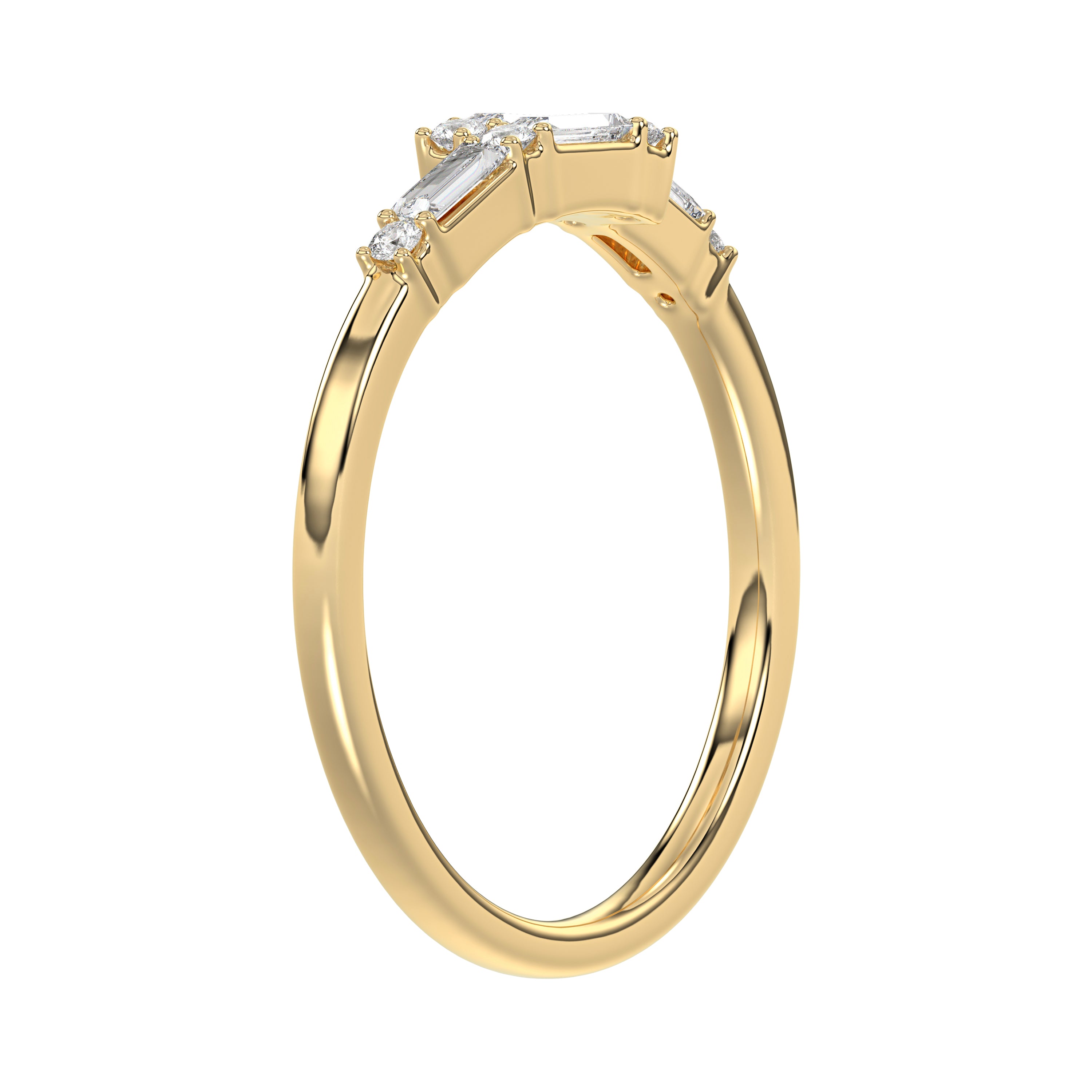 Ladies 10K Yellow Gold Diamond Ring 0.16 Ct Round & Baguette Diamond Jewelry