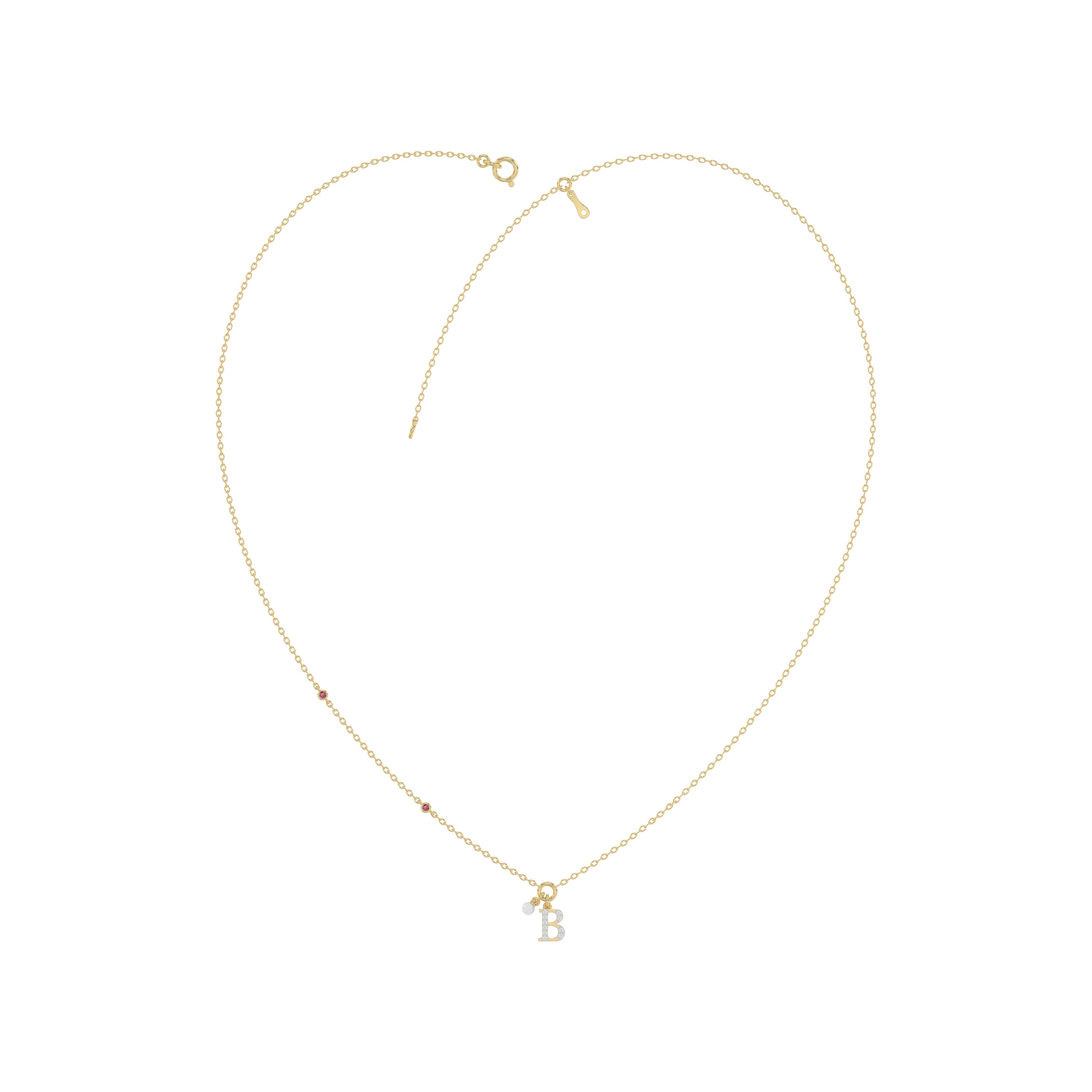Stylish 10K Yellow Gold Ladies “K” Letter Necklace Featuring Round Ruby Diamonds And Pearl Accents. A Delicate And Personalized Fine Jewelry