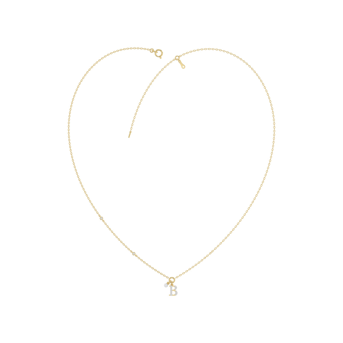 Stylish 10K Yellow Gold Ladies “K” Letter Necklace Featuring Round Ruby Diamonds And Pearl Accents. A Delicate And Personalized Fine Jewelry