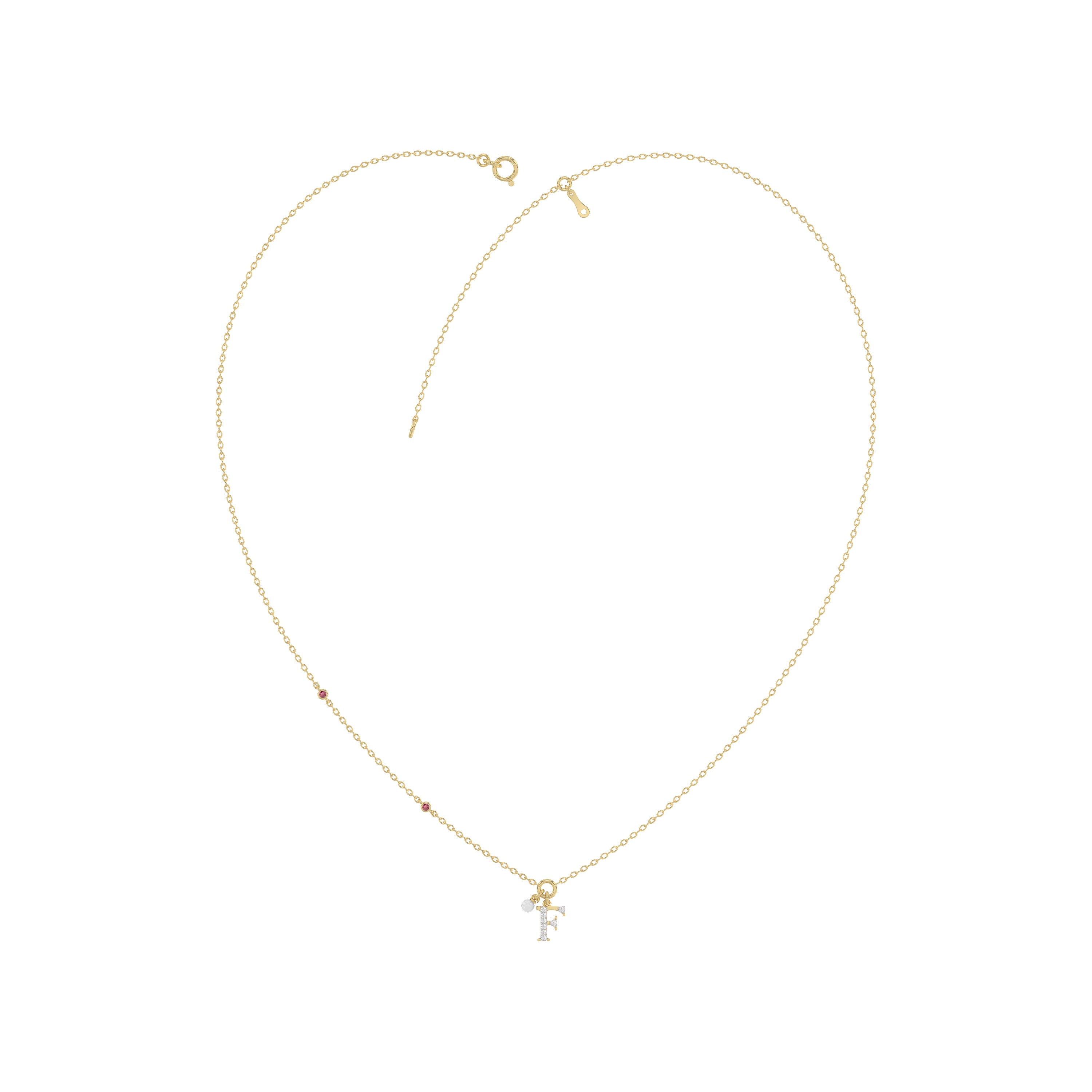 Stylish 10K Yellow Gold Ladies “F” Letter Necklace Featuring Round Ruby Diamonds And Pearl Accents. A Delicate And Personalized Fine Jewelry