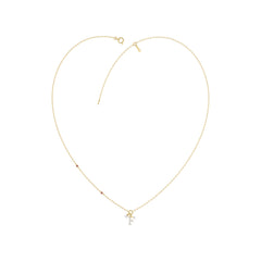 Stylish 10K Yellow Gold Ladies “F” Letter Necklace Featuring Round Ruby Diamonds And Pearl Accents. A Delicate And Personalized Fine Jewelry