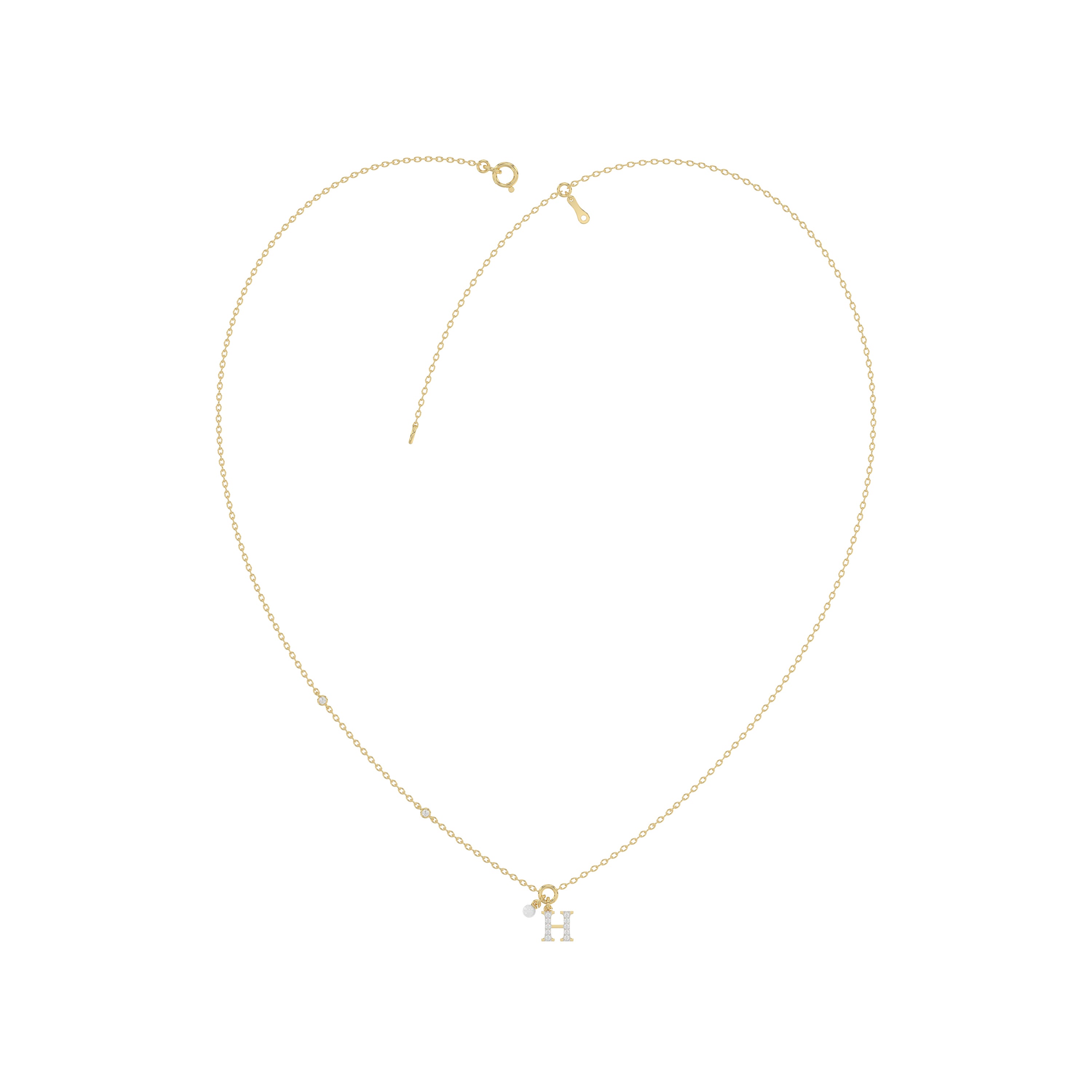 Stylish 10K Yellow Gold Ladies “H” Letter Necklace Featuring Round Ruby Diamonds And Pearl Accents. A Delicate And Personalized Fine Jewelry