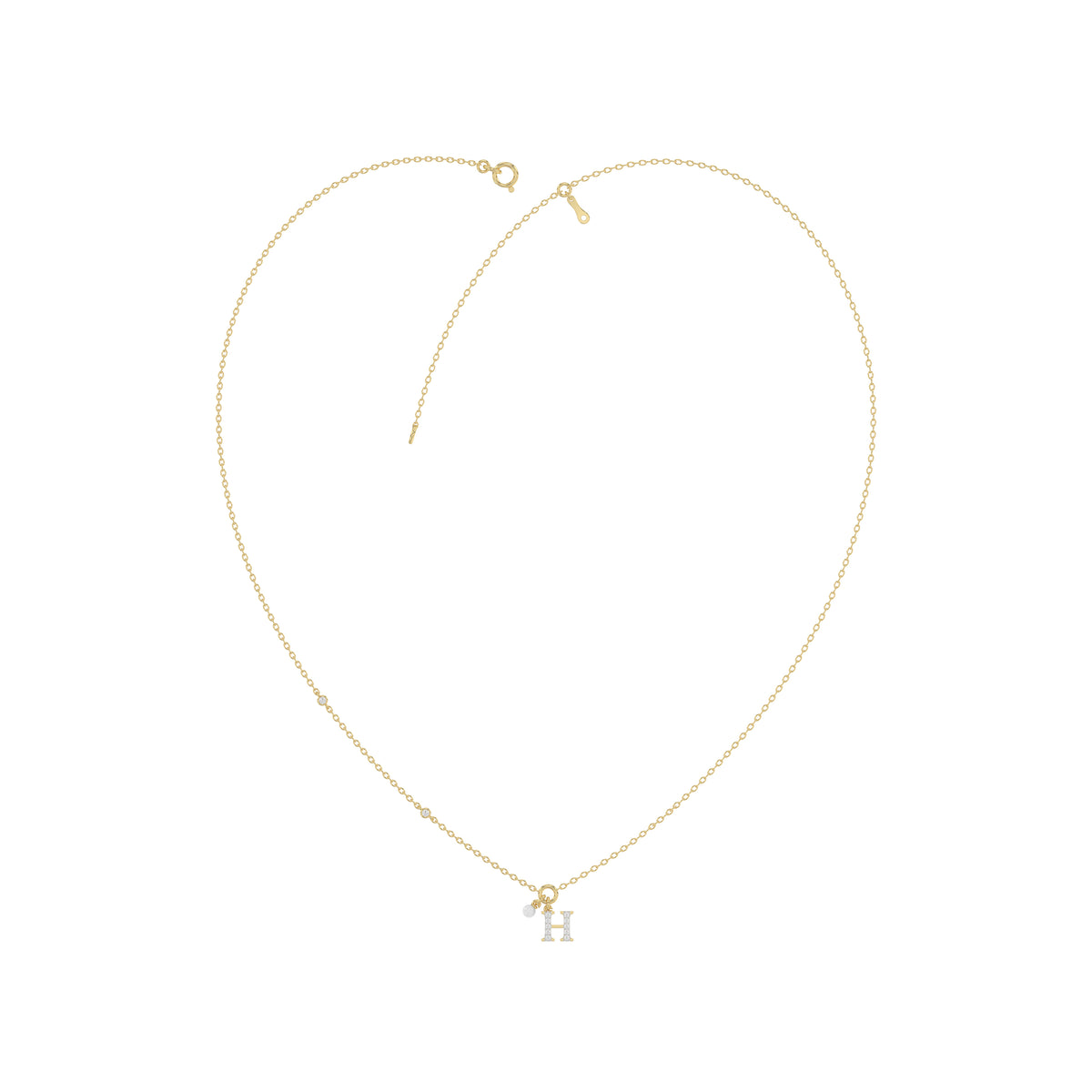 Stylish 10K Yellow Gold Ladies “H” Letter Necklace Featuring Round Ruby Diamonds And Pearl Accents. A Delicate And Personalized Fine Jewelry