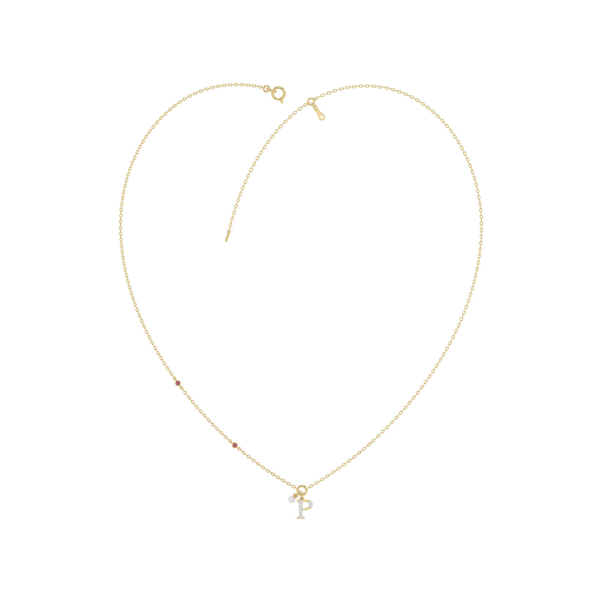 Stylish 10K Yellow Gold Ladies “P” Letter Necklace Featuring Round Ruby Diamonds And Pearl Accents. A Delicate And Personalized Fine Jewelry