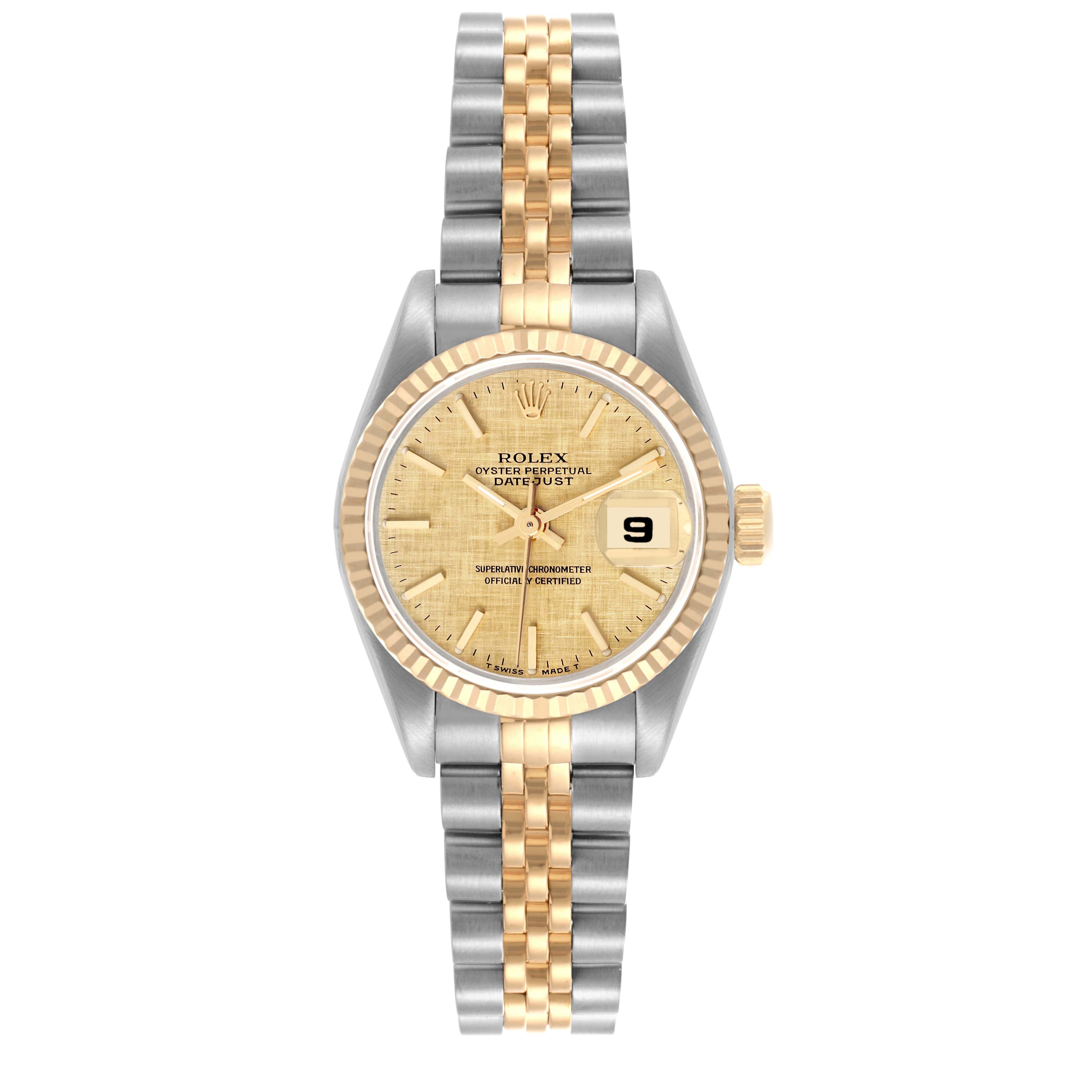 Rolex Datejust 26mm 2-Tone 18k Yellow Gold & Stainless Steel Gold Linen Dial 18k YG Fluted Bezel Jubilee Band Watch 69173