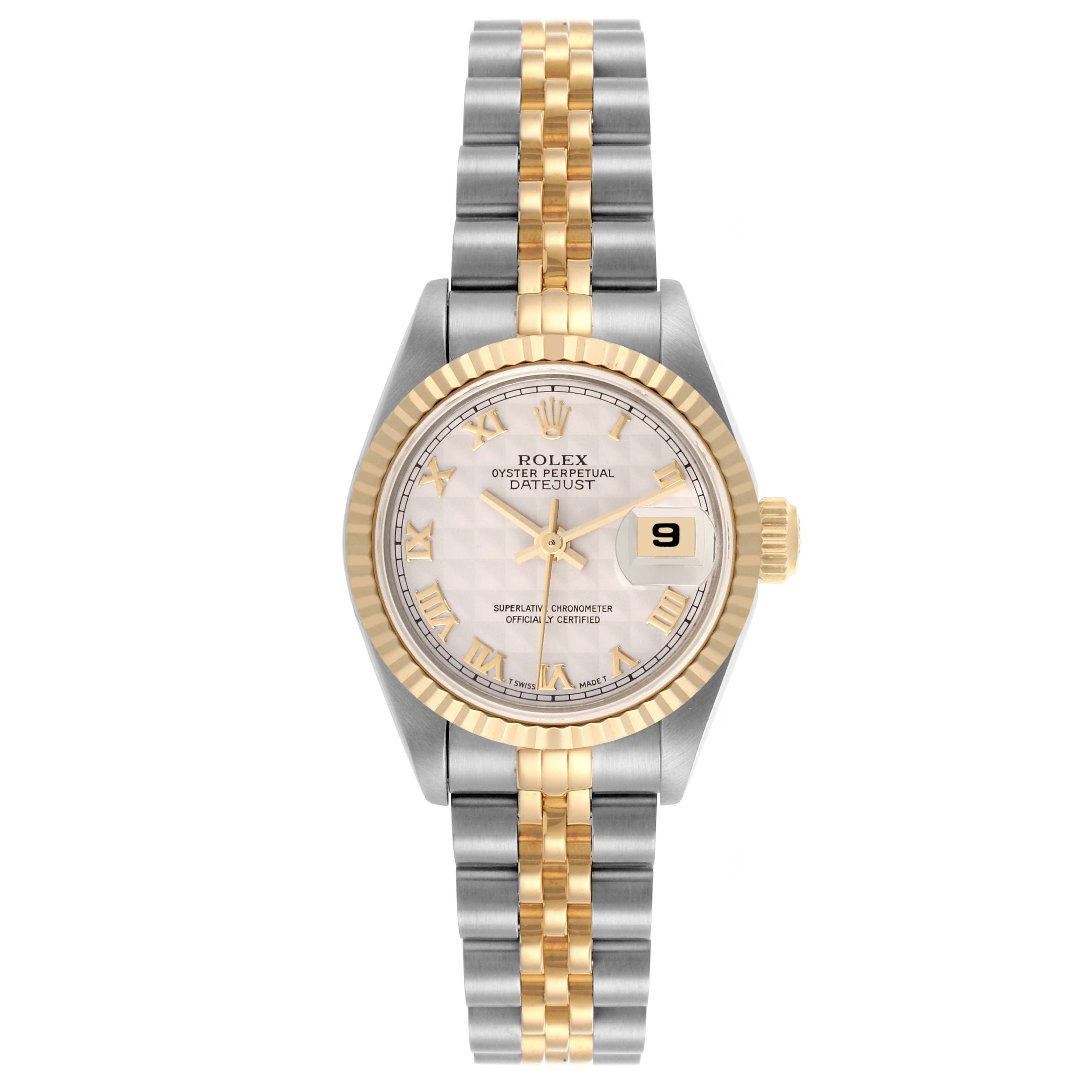 Rolex Datejust 26mm 2-Tone 18k Yellow Gold & Stainless Steel Ivory Pyramid Dial 18k YG Fluted Bezel Jubilee Band Watch 69173