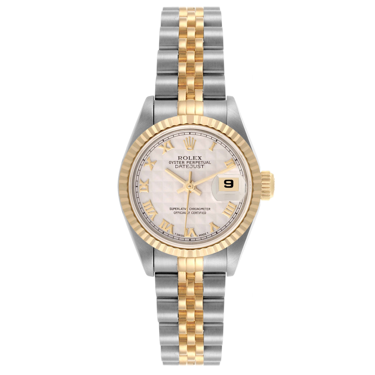 Rolex Datejust 26mm 2-Tone 18k Yellow Gold & Stainless Steel Ivory Pyramid Dial 18k YG Fluted Bezel Jubilee Band Watch 69173