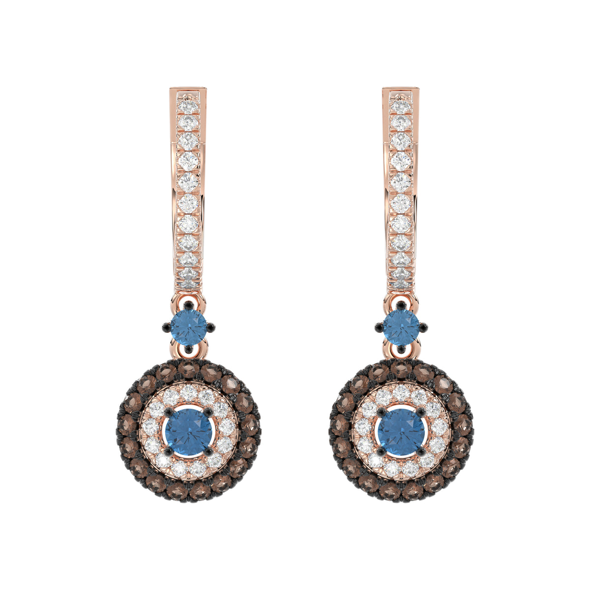 Beautiful 14K Rose Gold Ladies Hoop Earrings Featuring Multi-Color Diamonds In Blue And Dark Brown Shades.1.00 Ct Elegant Jewelry Design.