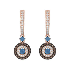 Beautiful 14K Rose Gold Ladies Hoop Earrings Featuring Multi-Color Diamonds In Blue And Dark Brown Shades.1.00 Ct Elegant Jewelry Design.