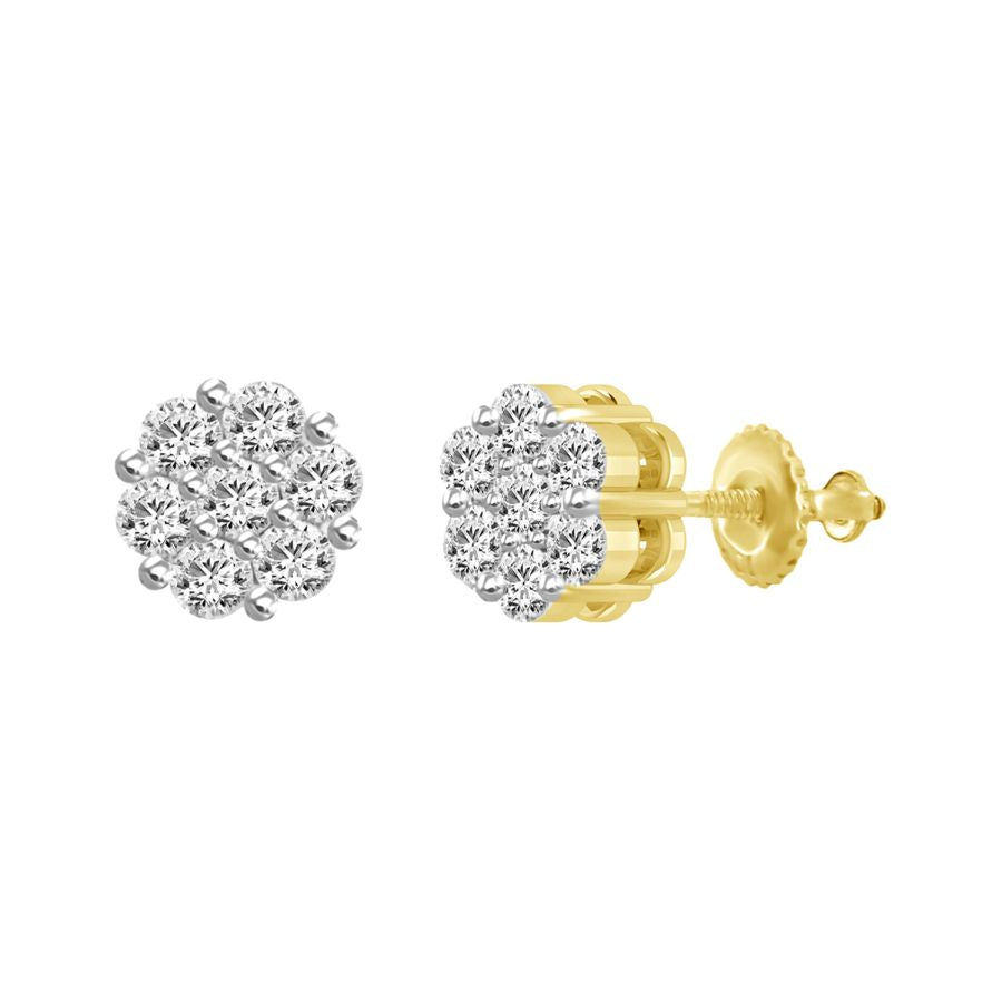 LADIES FLOWER EARRINGS 0.50CT ROUND DIAMOND 14K YELLOW GOLD