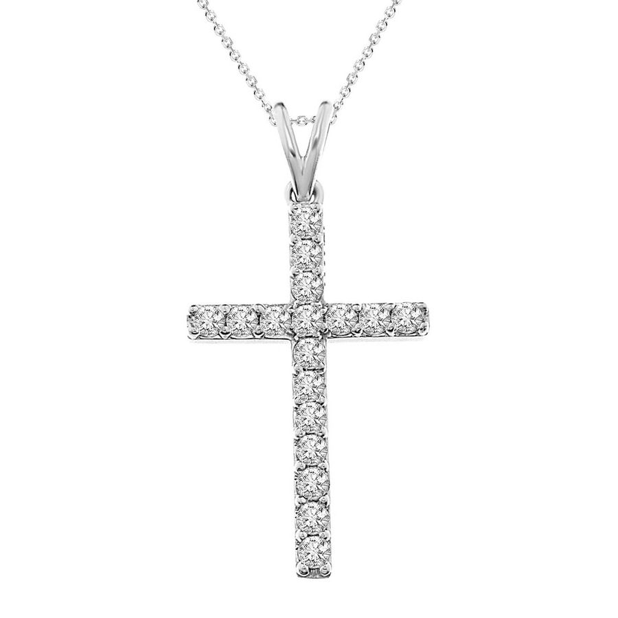 LADIES CROSS PENDANT WITH CHAIN 0.50CT ROUND DIAMOND 14K WHITE GOLD (SI QUALITY)