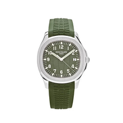 Patek Philippe 42mm Aquanaut Khaki Green Arabic Numeral Dial Tropical Green Rubber Band 18K White Gold Watch 5168G-010