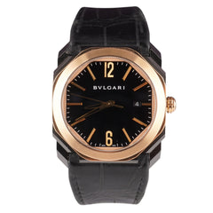 Bvlgari Octo 41mm Black Dial RG Bezel Black Leather Band 18k Rose Gold Watch BGOP41SG