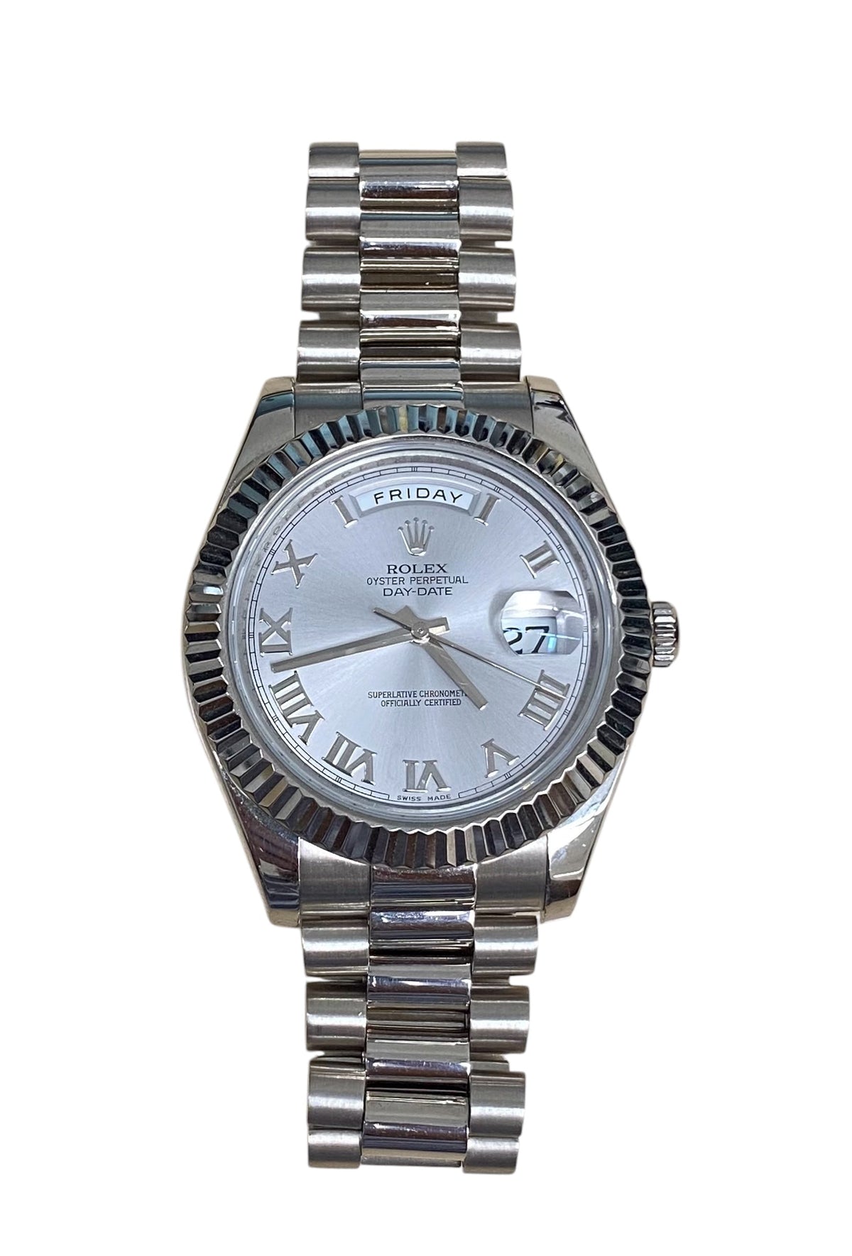 Rolex Day Date President 41mm 18k White Gold Fluted Bezel Silver Dial with Roman Watch 218239
