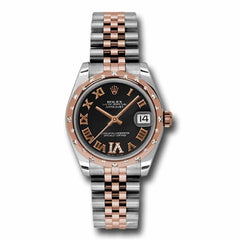 Rolex Datejust 31 Midsize Steel 18K Rose Gold Black Dial Diamond Watch 178341