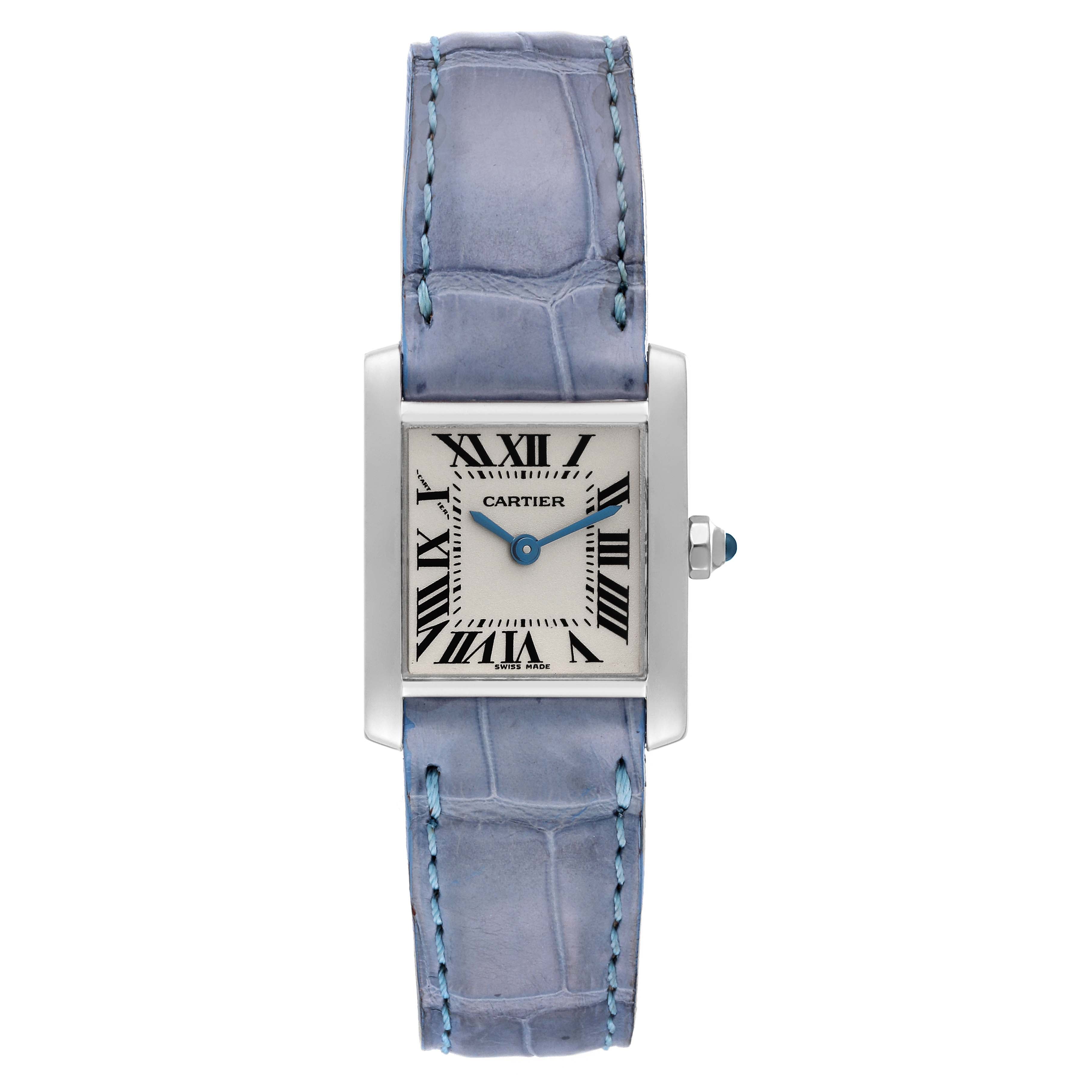 Cartier Tank Francaise White Gold Blue Strap Leather band Ladies Watch 2403