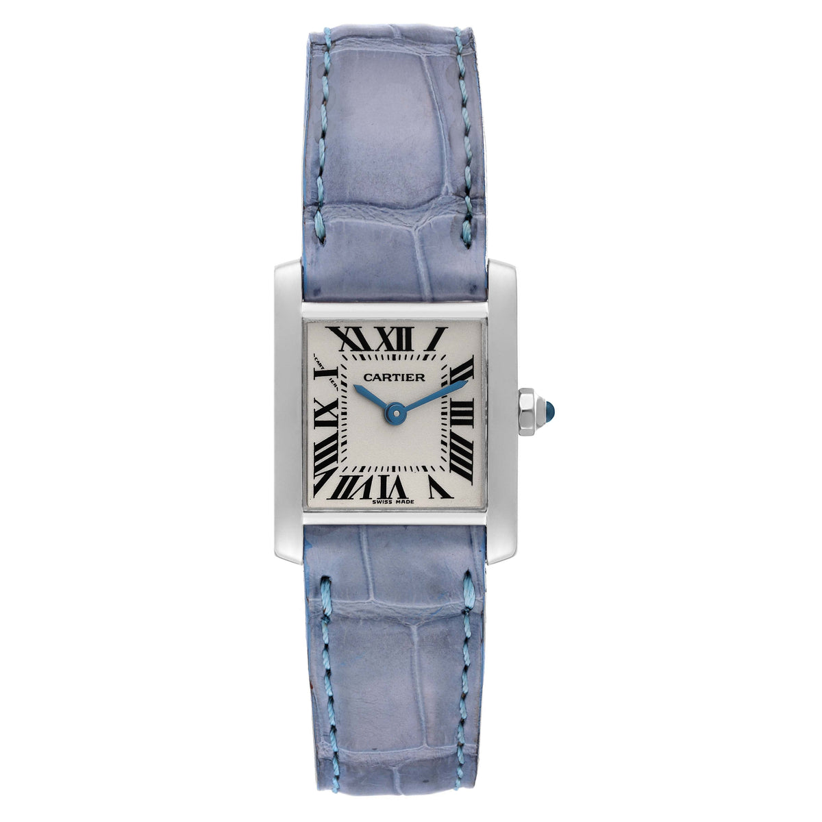 Cartier Tank Francaise White Gold Blue Strap Leather band Ladies Watch 2403