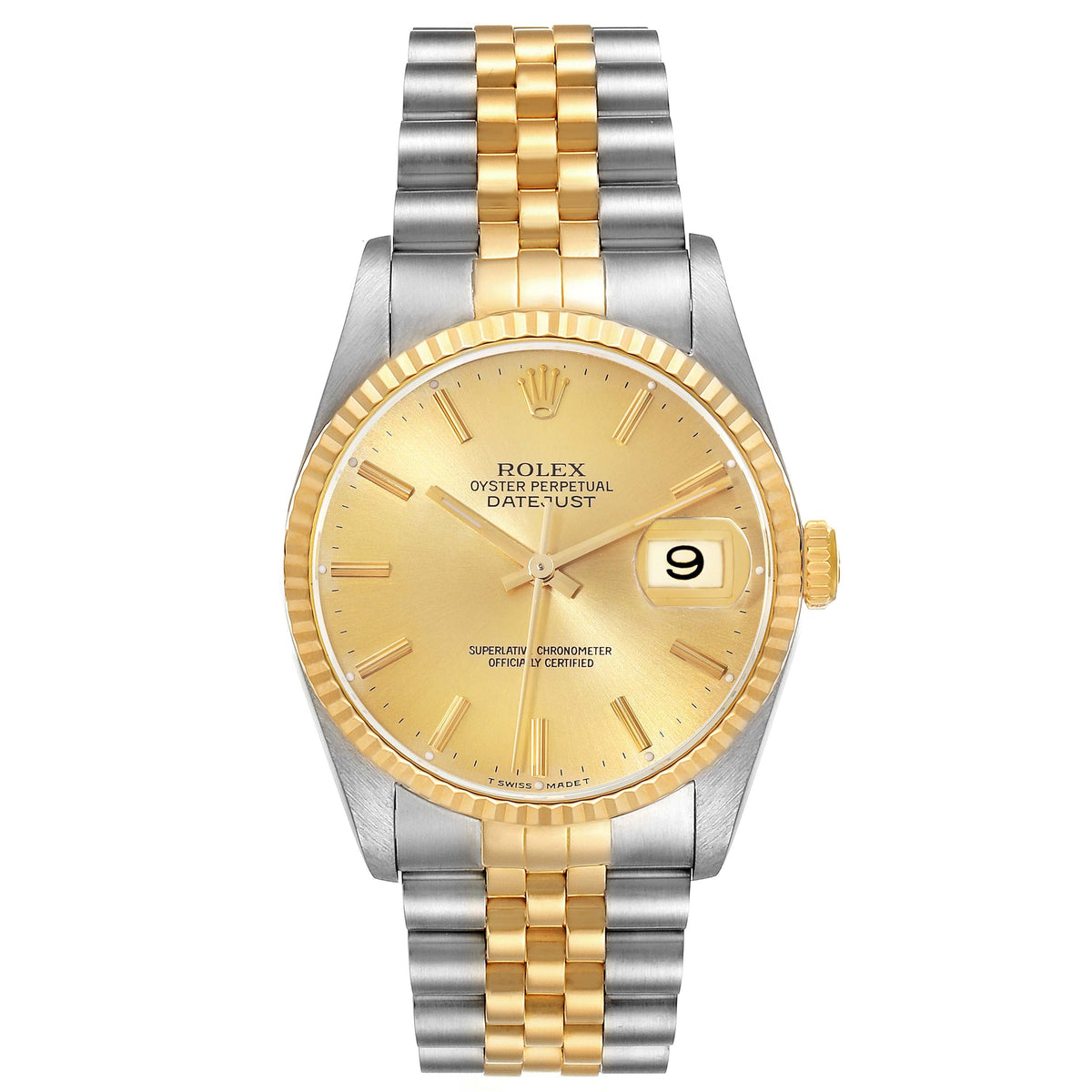 Rolex Datejust 36mm Champagne Gold Dial 18k Fluted Bezel Jubilee Band 2 Tone 18k Yellow Gold & Stainless Steel Watch 16233